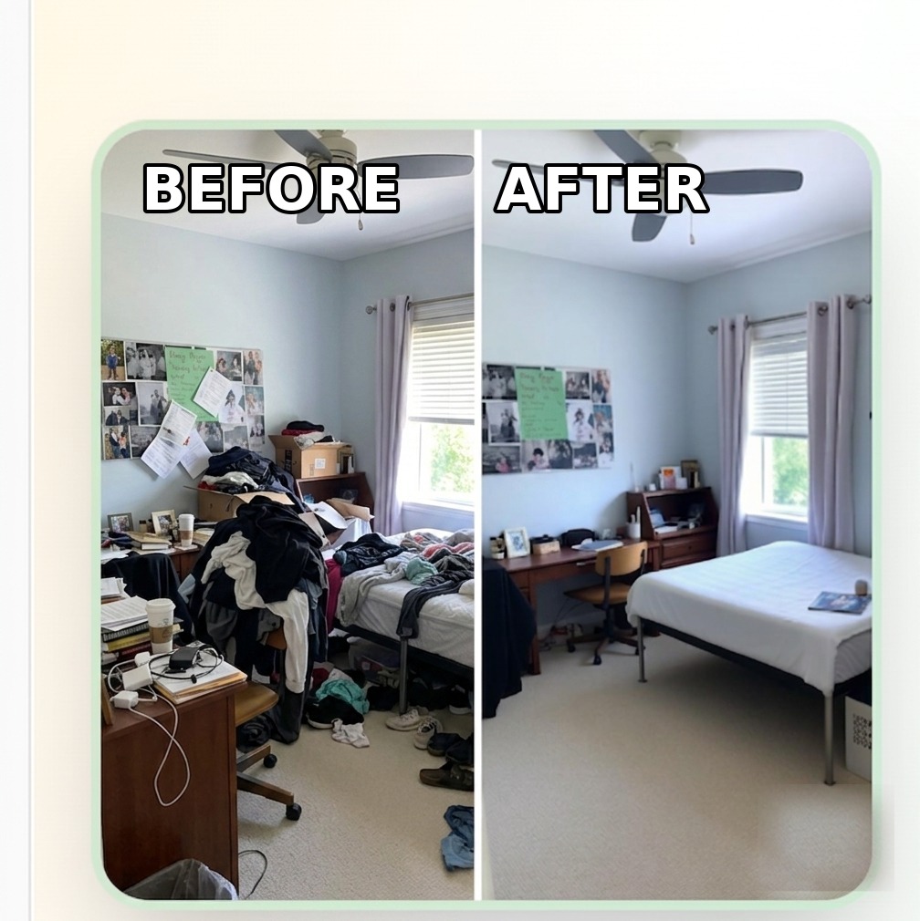 Before and after a cleaned teen bedroom