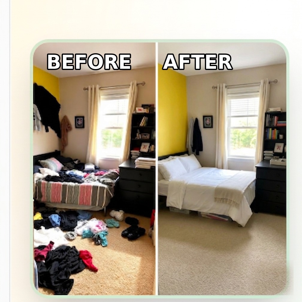 Before and after: messy bedroom transformed to clean bedroom