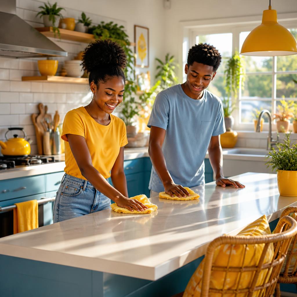 Teen cheerfully cleaning the kitchen